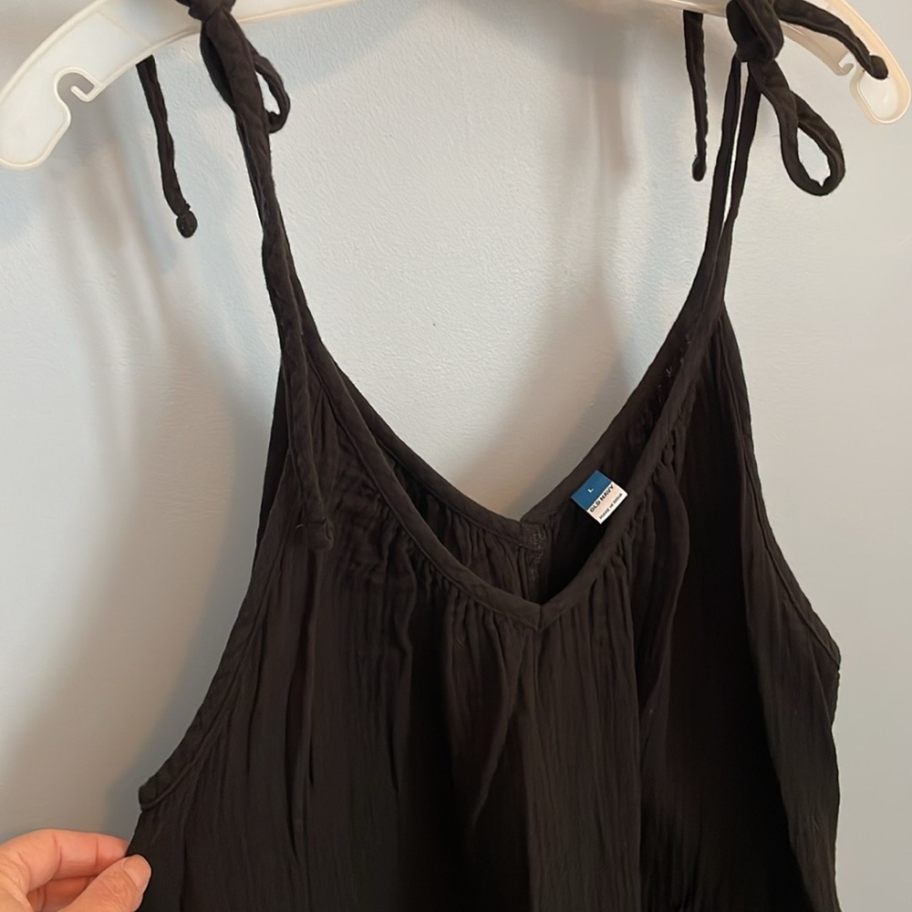 Old navy 100% cotton black short dress pockets adjustable tie shoulders V neck L - Picture 2 of 5